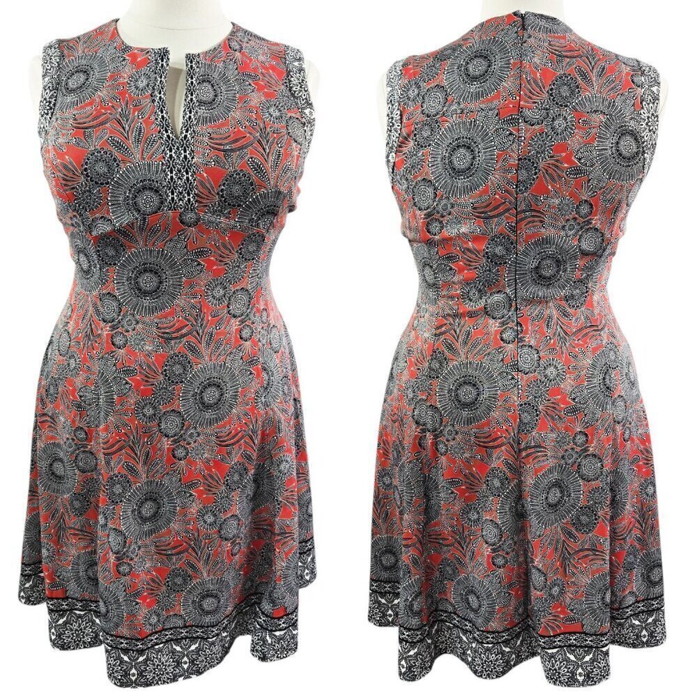 Liz Claiborne Red Floral Split Neck Sleeveless Stretchy Midi Dress Colorful